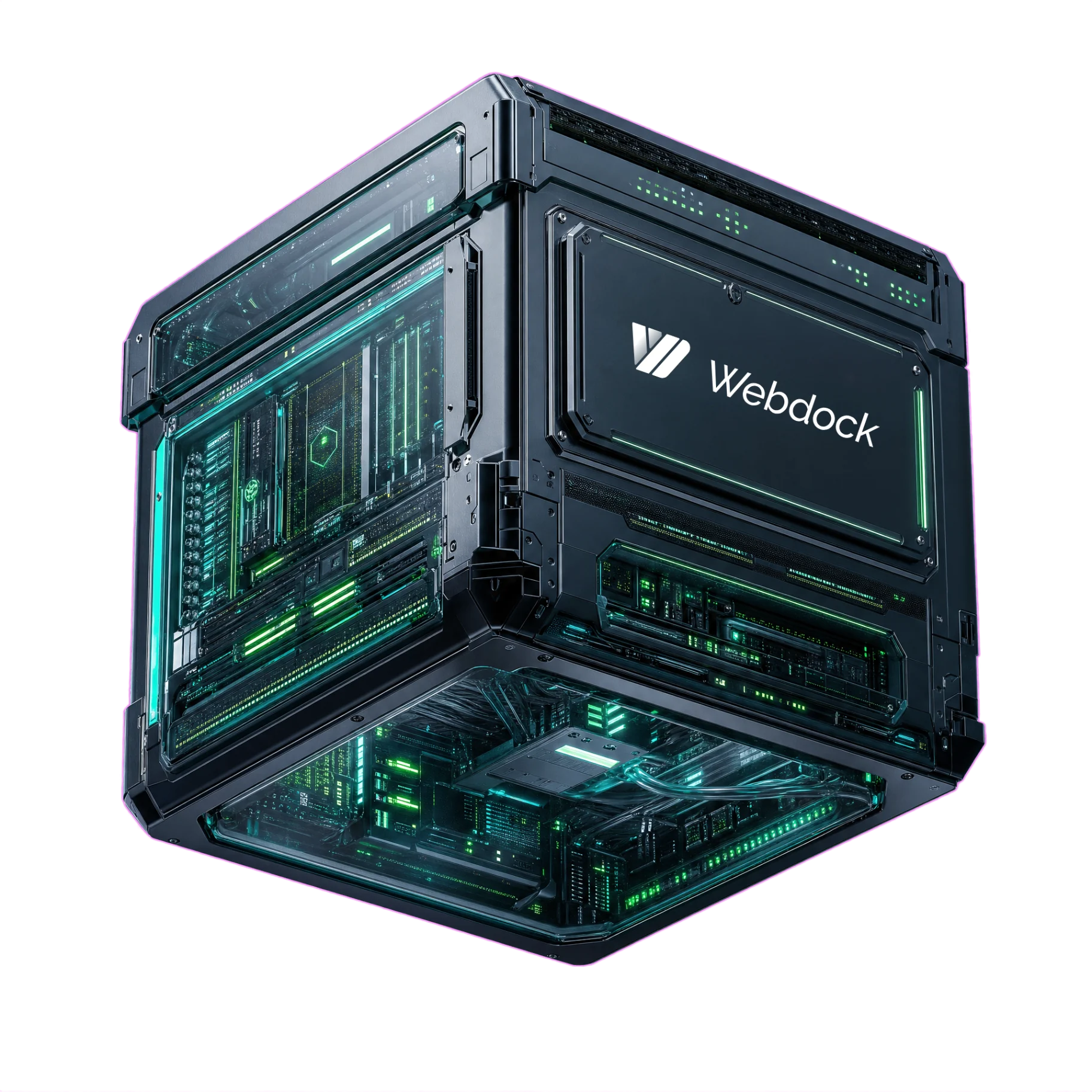 Webdock server, a futuristic cube-shaped machine with glowing green and cyan internals